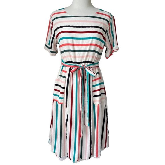 Ces Femme Dresses & Skirts - Ces Femme White Stripes Colorful Fit Flare Women Dress Size Large Midi